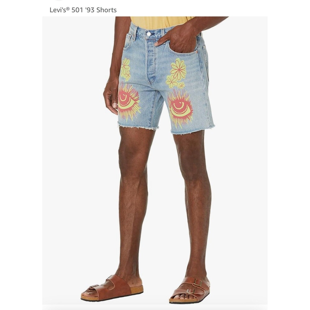 Levis 501 93 Straight Cut Off Shorts Light Wash Graphic Eye Sun Floral Mens 30